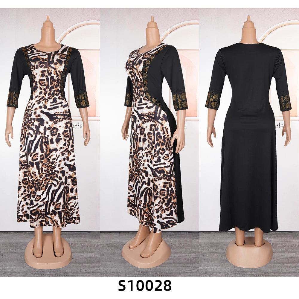 African Leopard Print Dress Women Dashiki Ankara Africa Clothing 2024 Summer Muslim Fashion Evening Gown Plus Size Party Dresses
