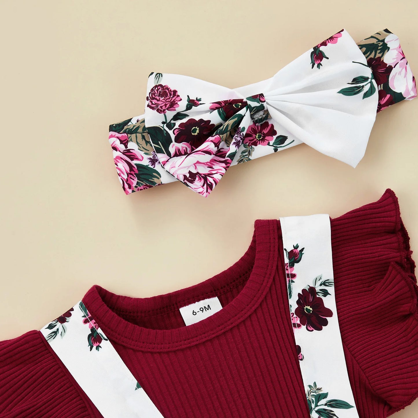 Infant Baby Girl Romper, Fly Sleeve Round Neck Ruffle Patchwork Toddler Summer Loose Jumpsuit+Head Band