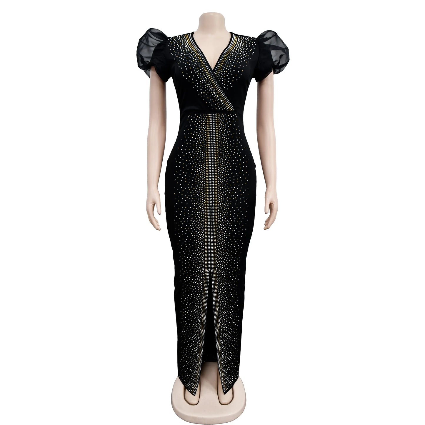2023 Women Luxury Diamonds Hot Drill Wrap V-neck Puff Short Sleeve Bodycon Midi Maxi Dress Sexy Night Club Birthday Vestidos