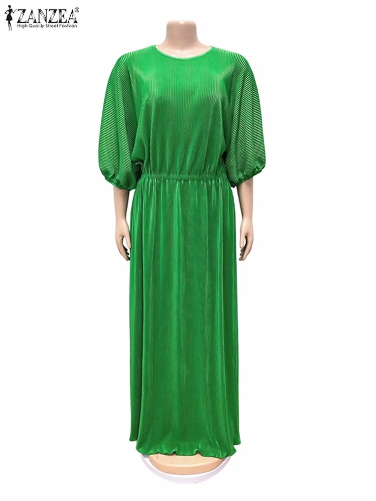 Women Elastic Waist Robe Party Elegant Solid Maxi Dress Fashion O-neck Half Bat Sleeve Pleating Dresses Oversized