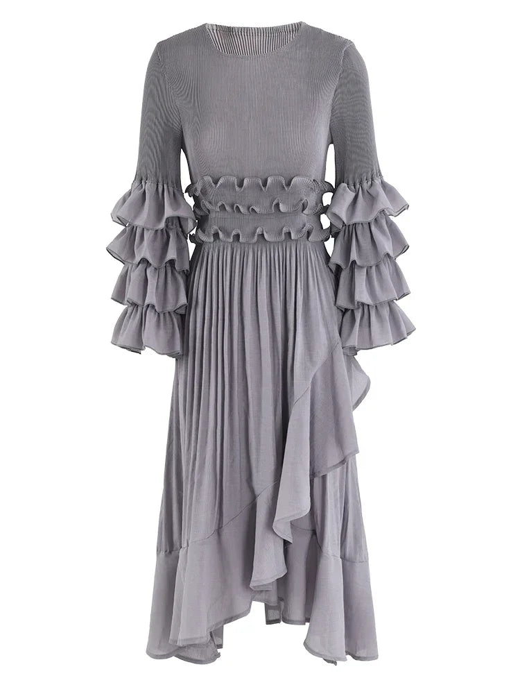 EGRM Fashion Pleated Miyake Dress O-Neck Long Sleeved Solid Color Party Dresses 2023 Autumn New Elegant Women's Clothing 8GR3519