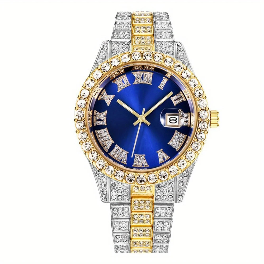 Mens Hip Hop Watch Quartz Timepiece with Oversized Rhinestone Dial and Durable Stainless Steel Band for Men