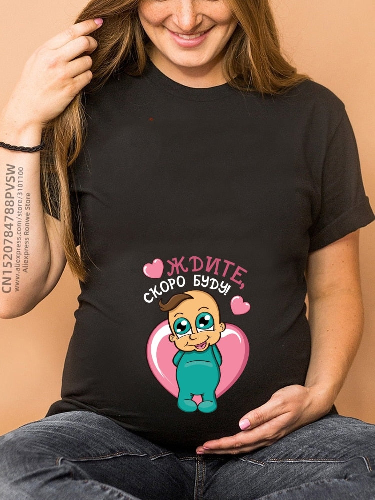 Maternity Clothes Casual Pregnancy T Shirts Baby Print Funny Women Summer Tees Tops White