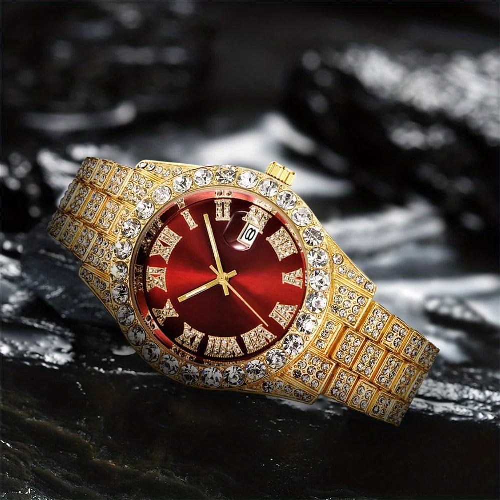 Mens Hip Hop Watch Quartz Timepiece with Oversized Rhinestone Dial and Durable Stainless Steel Band for Men