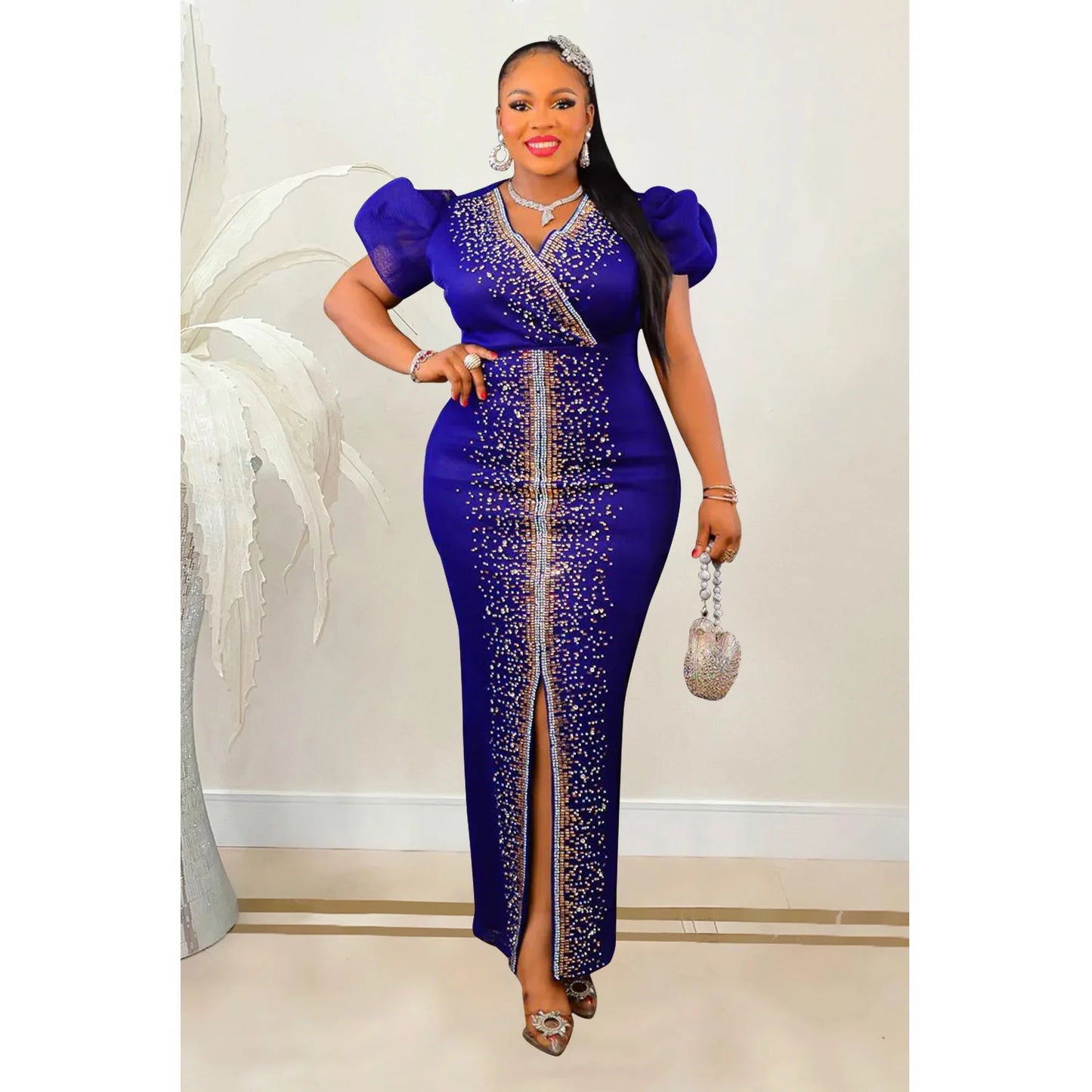 2023 Women Luxury Diamonds Hot Drill Wrap V-neck Puff Short Sleeve Bodycon Midi Maxi Dress Sexy Night Club Birthday Vestidos