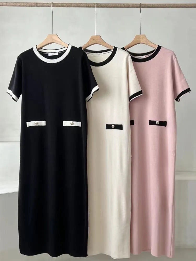 French Style Knit Dress Women O-neck Contrast Color Short Sleeve Casual Midi Long Dresses