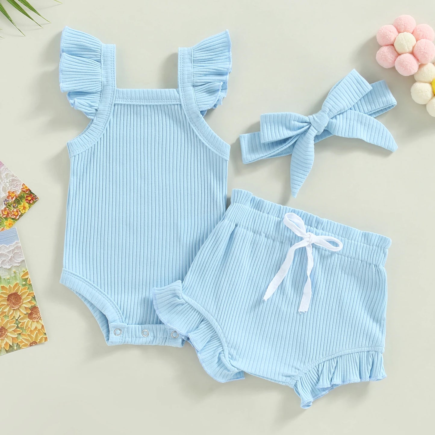 Square Neck Short Ruffle Sleeve Romper, Loose Flouncing Shorts