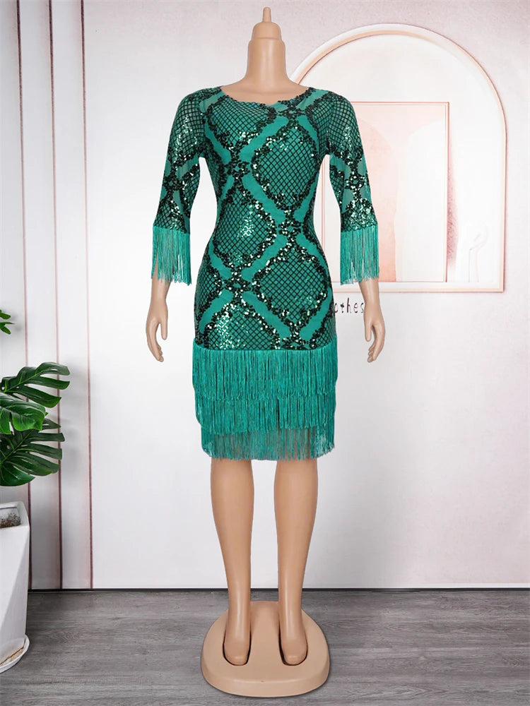 Elegant Sequin Dresses For Women African Clothing Wedding Party Evening Gown Dashiki Tassel Bodycon Robe Dubai Turkey Dress