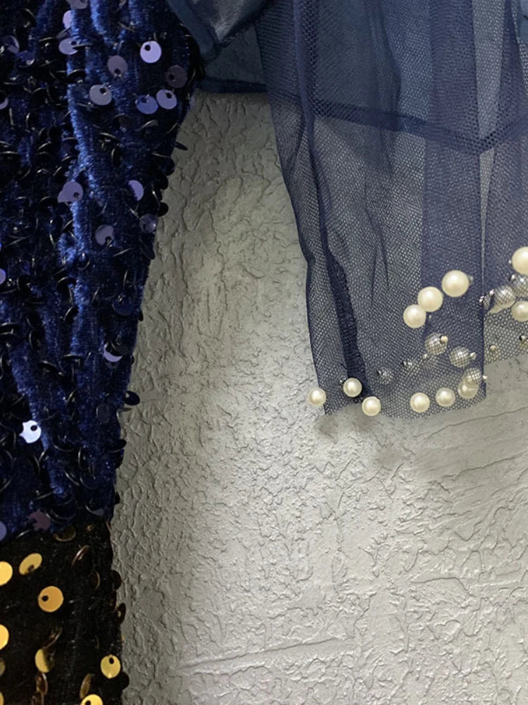 Sequins Long Party Dresses Ruffles Sleeve Beading High Slit