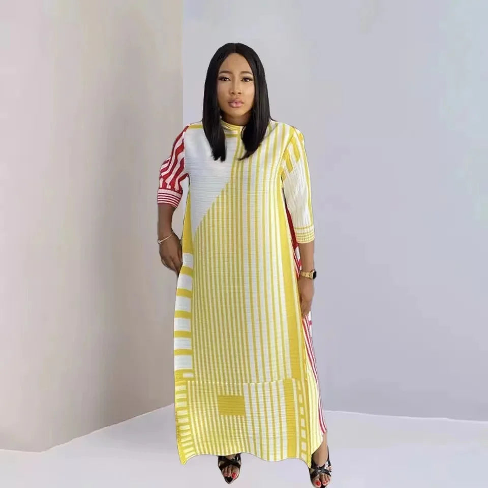 New Miyake Pleated Stripe Print Dress Fashion Relaxed Party Temperament Long Dress Spring Elegant Women's