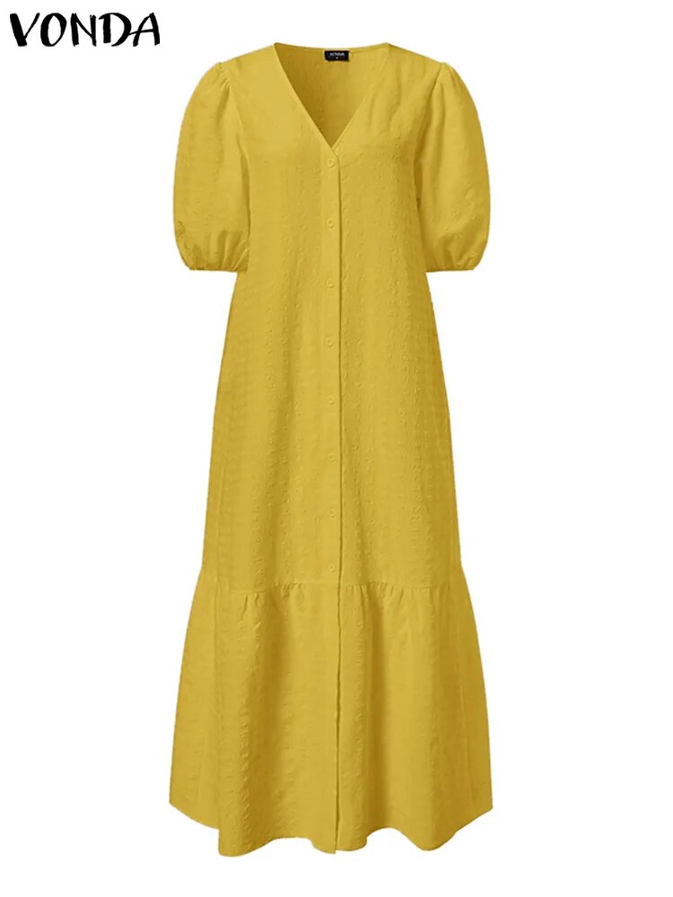 Women Shirt Dress Sexy V Neck Buttons Half Sleeve Long Maxi Bohemian