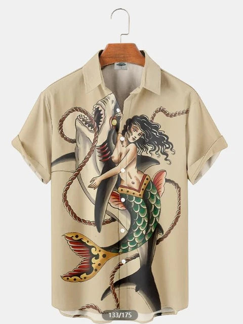 Men Vintage Ethnic Hawaiian 3D Print Short Sleeve Lapel Button Streetwear