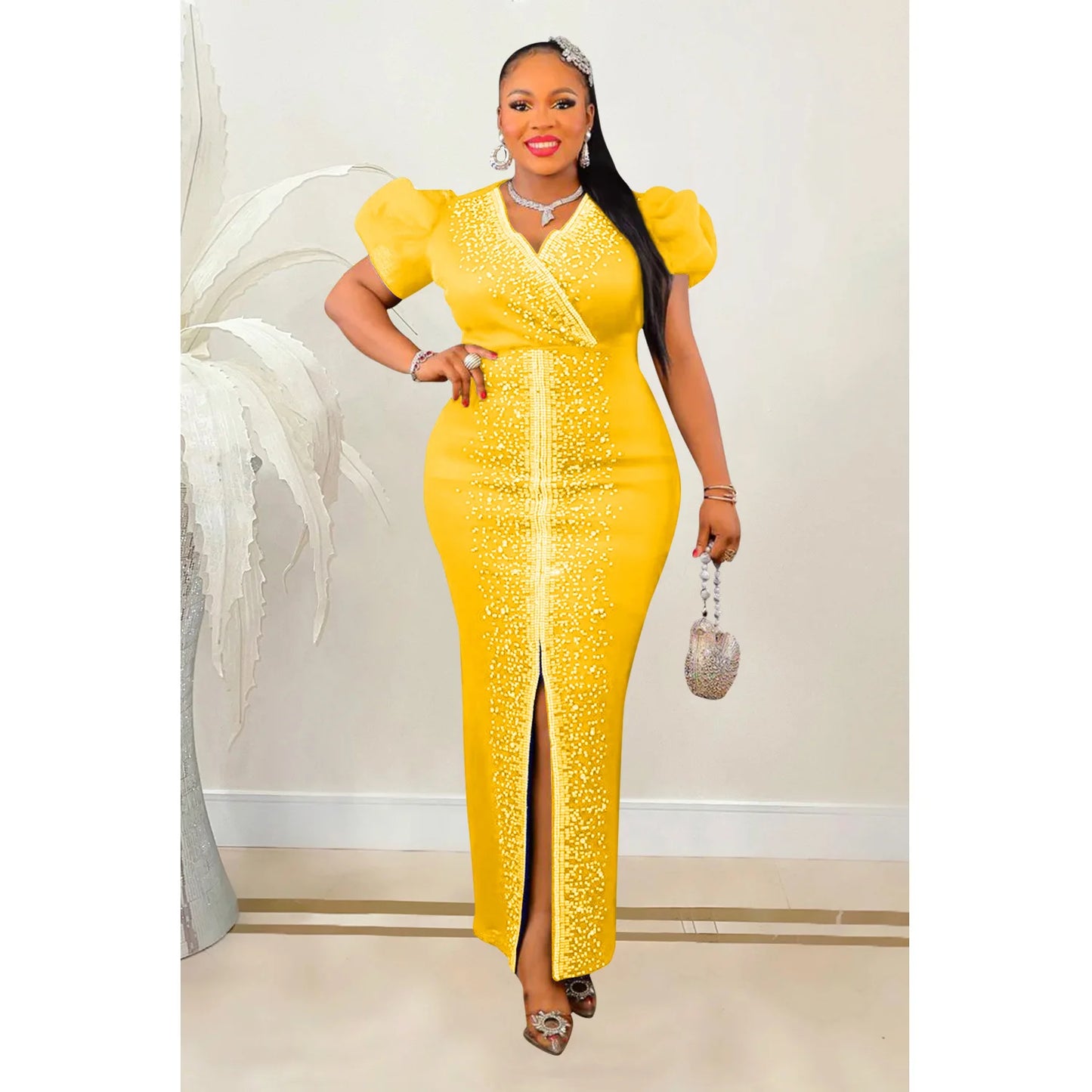 2023 Women Luxury Diamonds Hot Drill Wrap V-neck Puff Short Sleeve Bodycon Midi Maxi Dress Sexy Night Club Birthday Vestidos