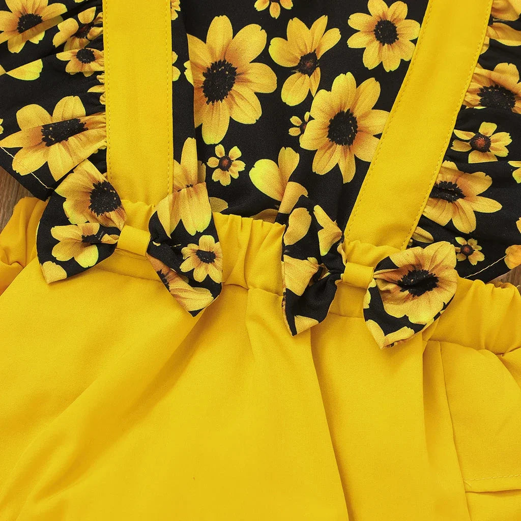 Baby Girl Sunflower Floral Print Splice Yellow Layered Sleeveless Ruffle Romper with Headband Set