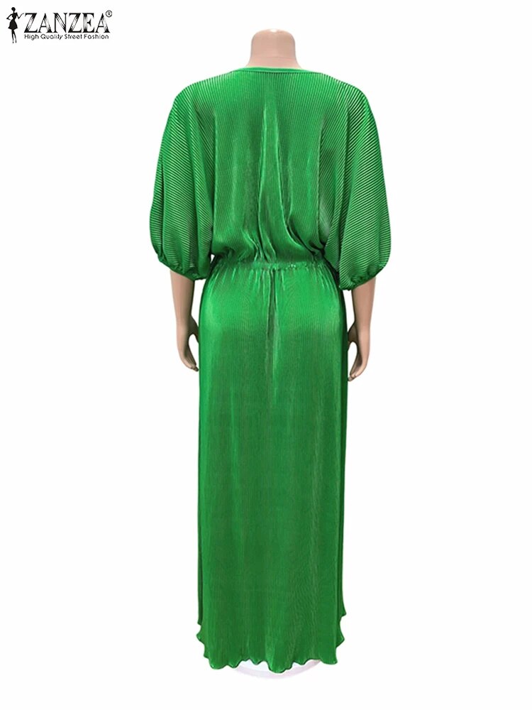 Women Elastic Waist Robe Party Elegant Solid Maxi Dress Fashion O-neck Half Bat Sleeve Pleating Dresses Oversized