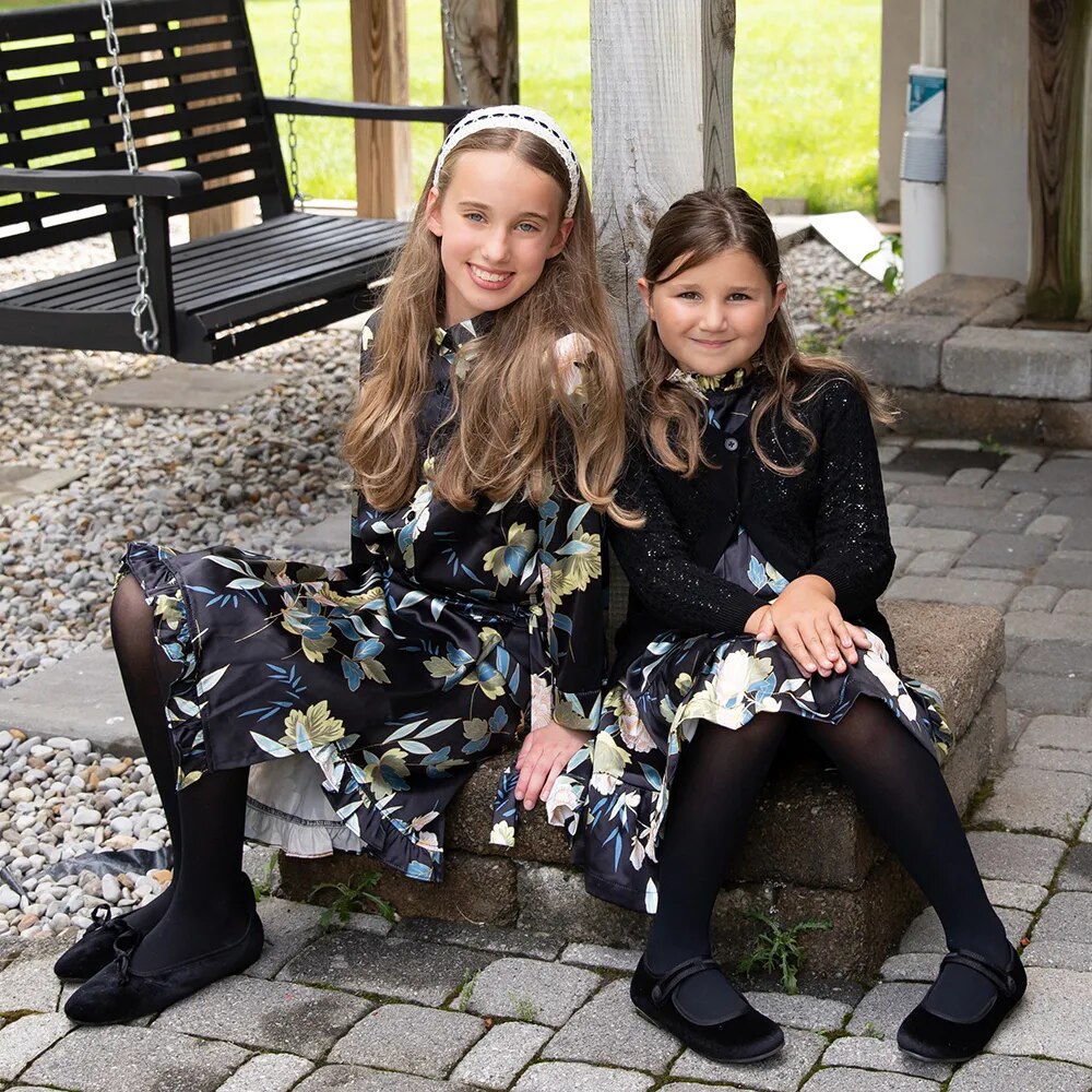Autumn Girls Blue Floral Dress Sweet Kids Cute Romper Cardigan,