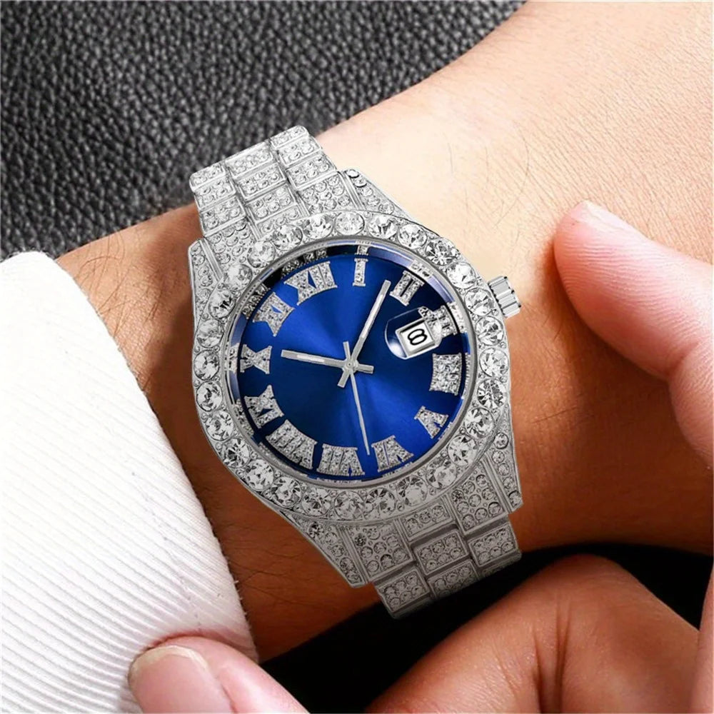 Mens Hip Hop Watch Quartz Timepiece with Oversized Rhinestone Dial and Durable Stainless Steel Band for Men
