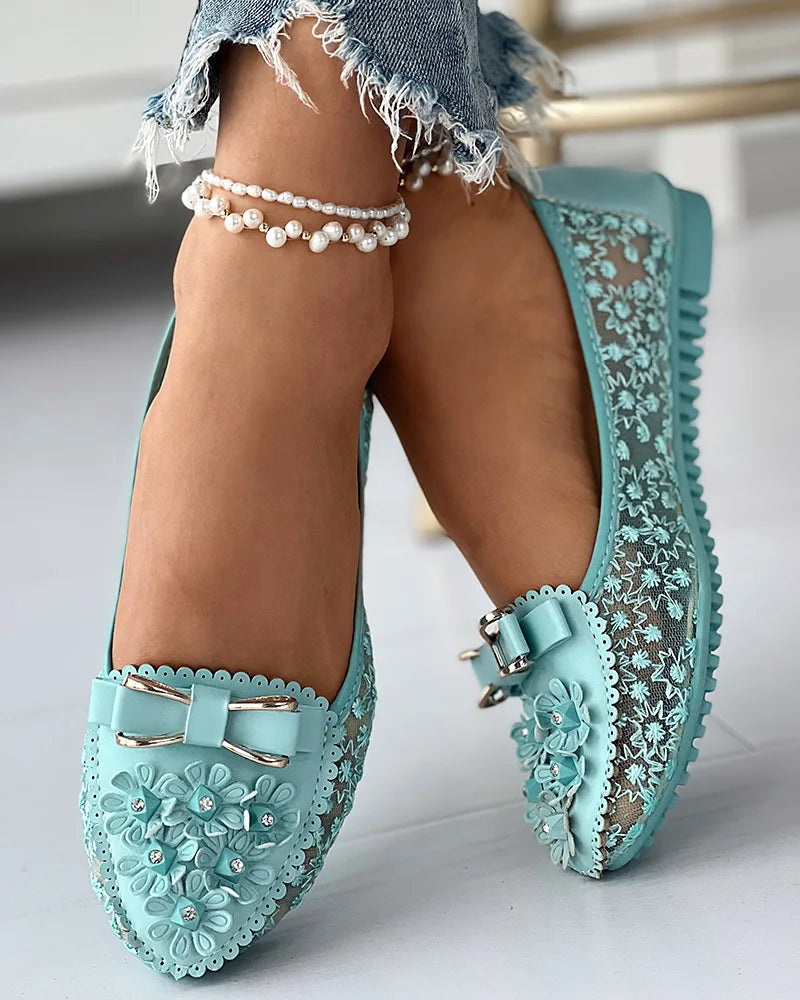 Floral Embroidery Bowknot Loafers Women
