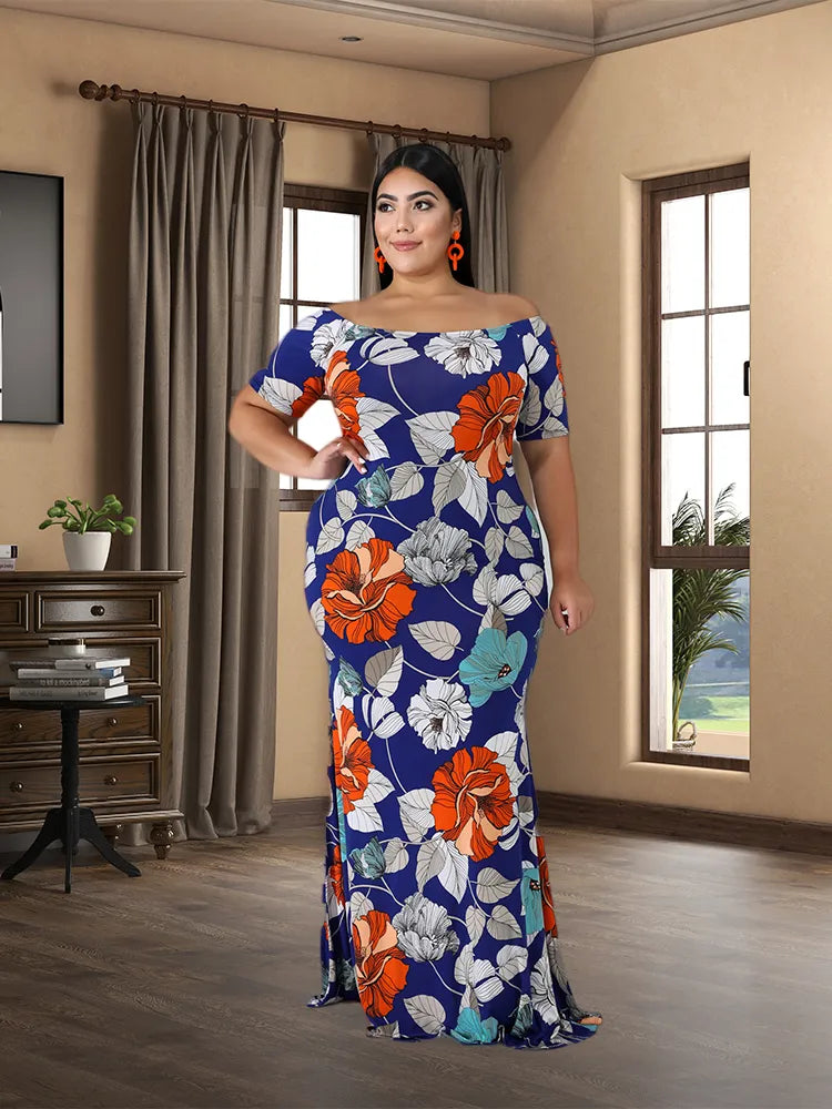 Plus Size Short Sleeved Floral Women Robe Soirée Femme