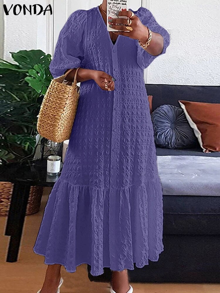 Women Shirt Dress Sexy V Neck Buttons Half Sleeve Long Maxi Bohemian