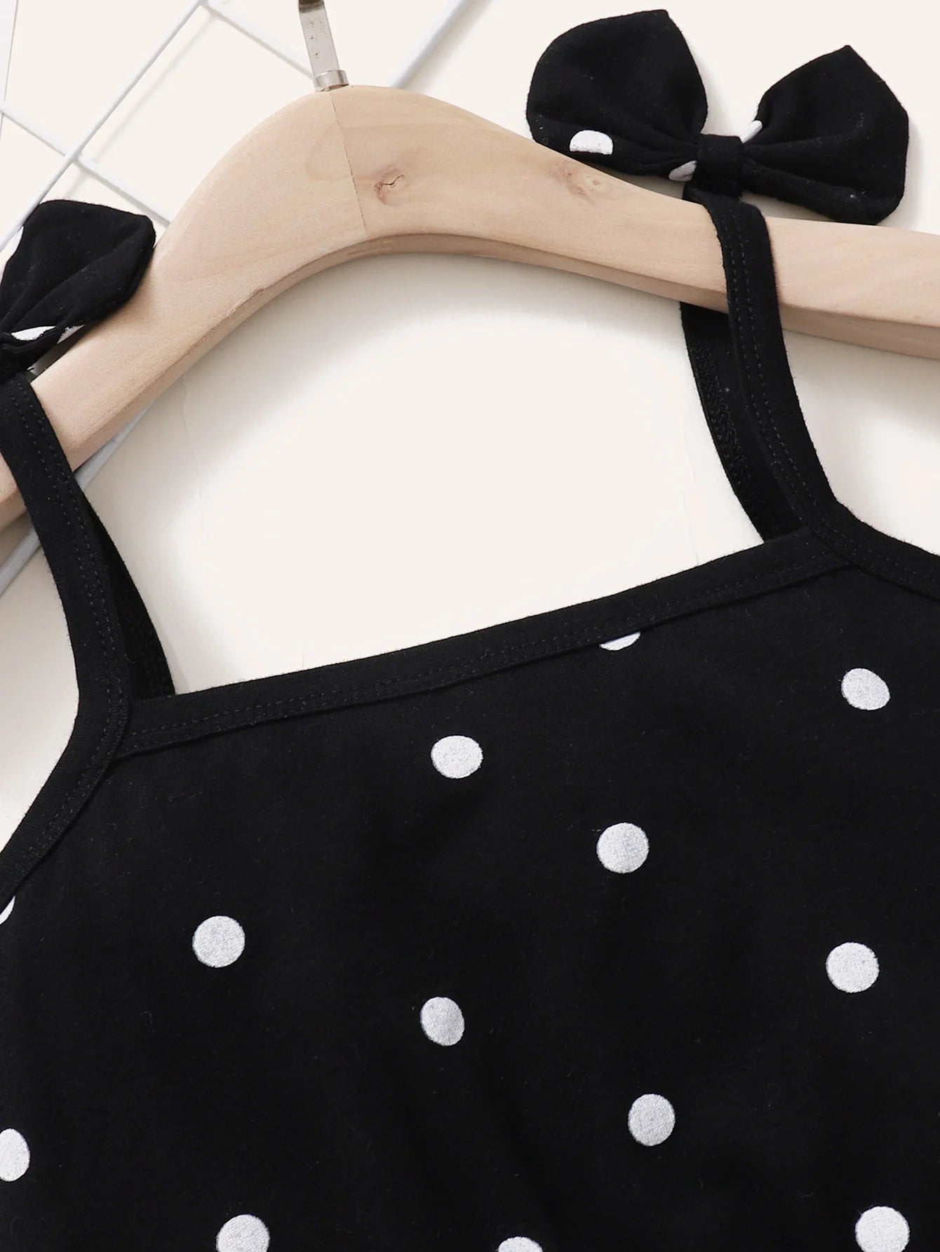 Kid Boyclothing Bow Strap Dots Tops Black Chiffon Puffy Skirt Summer Party Fashion Set Suitable for Female Babies Aged 1-6 Years