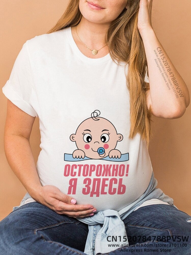 Maternity Clothes Casual Pregnancy T Shirts Baby Print Funny Women Summer Tees Tops White