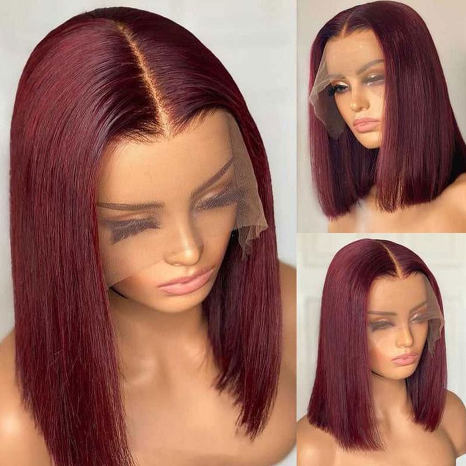 Straight Short Bob Human Hair Wig For Women Blunt Cut Bone Straight Lace Frontal Wigs Burgundy 99J Lace Front Bob Wig Straight