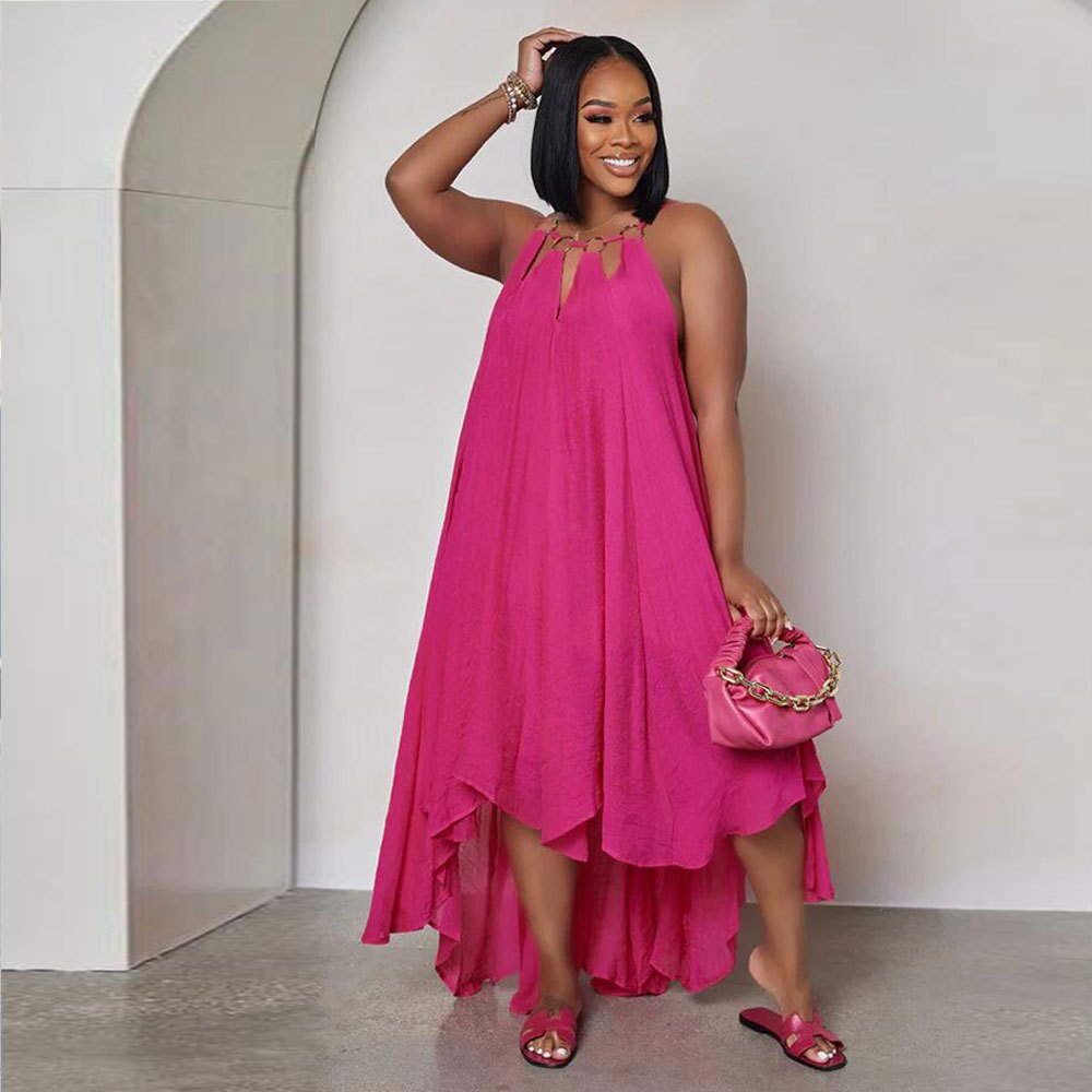 Summer New Women's Fashion Sexy Sleeveless Open Back Long Street Dress Solid Loose Pullover Metal Decoration Dress