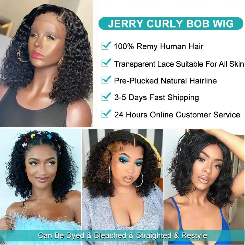 Jerry Curly Short Bob Wig 13x4 Bob Wigs Brazilian Water Deep Wave Human Hair Wigs Natural Black Preplucked For Black Woman Pixie