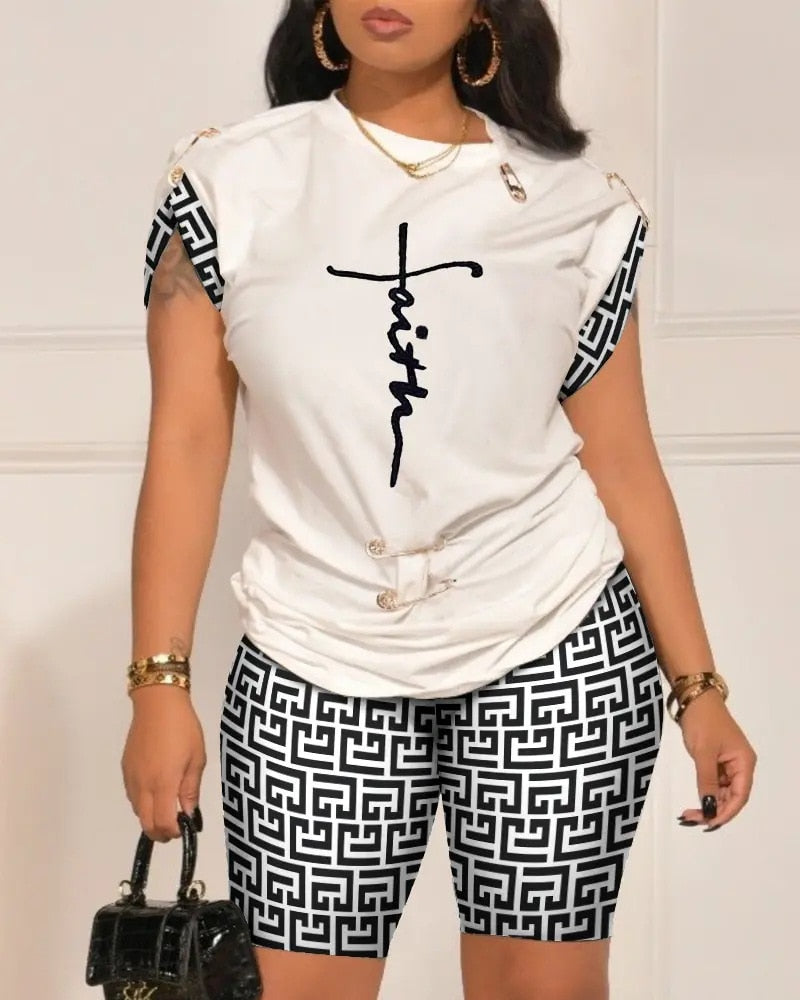 Summer Women New Set Fashion Round Neck Printed Pin Top Shorts Casual Sports Elegant Women Set Two Piece-Top Super Deals-2-S-Free Item Online
