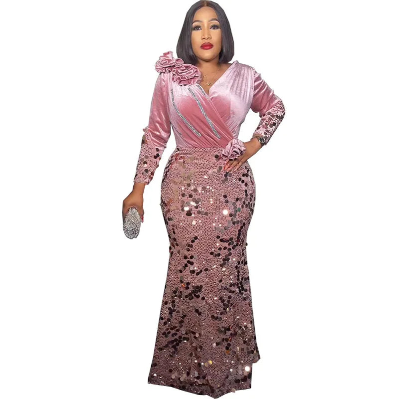 2023 Velvet African Dresses for Women Africa Women Long Sleeve V-neck Plus Size Flower Sequin Evening Party Long Dress