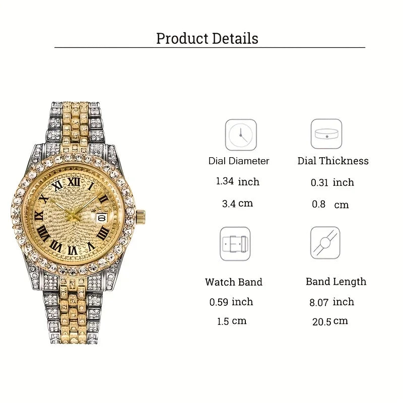 Mens Hip Hop Watch Quartz Timepiece with Oversized Rhinestone Dial and Durable Stainless Steel Band for Men