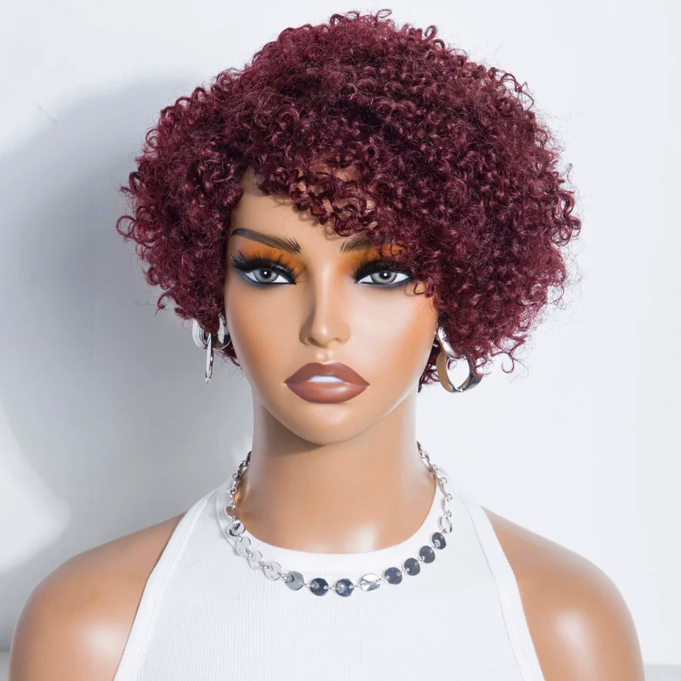 Lekker 99j Burg Red Short Pixie Cut Afro Kinky Curly Bob Human Hair Wigs For Women Brazilian Remy Hair Ready to Wear Colored Wig