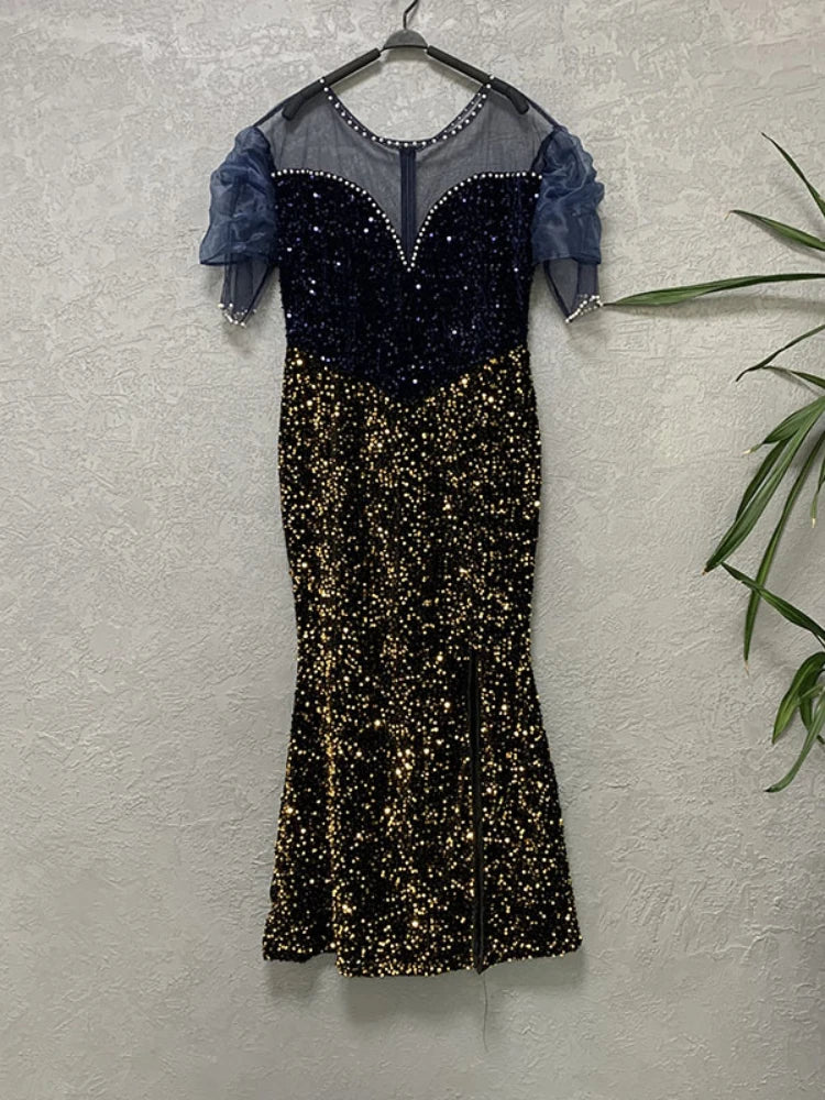 Sequins Long Party Dresses Ruffles Sleeve Beading High Slit