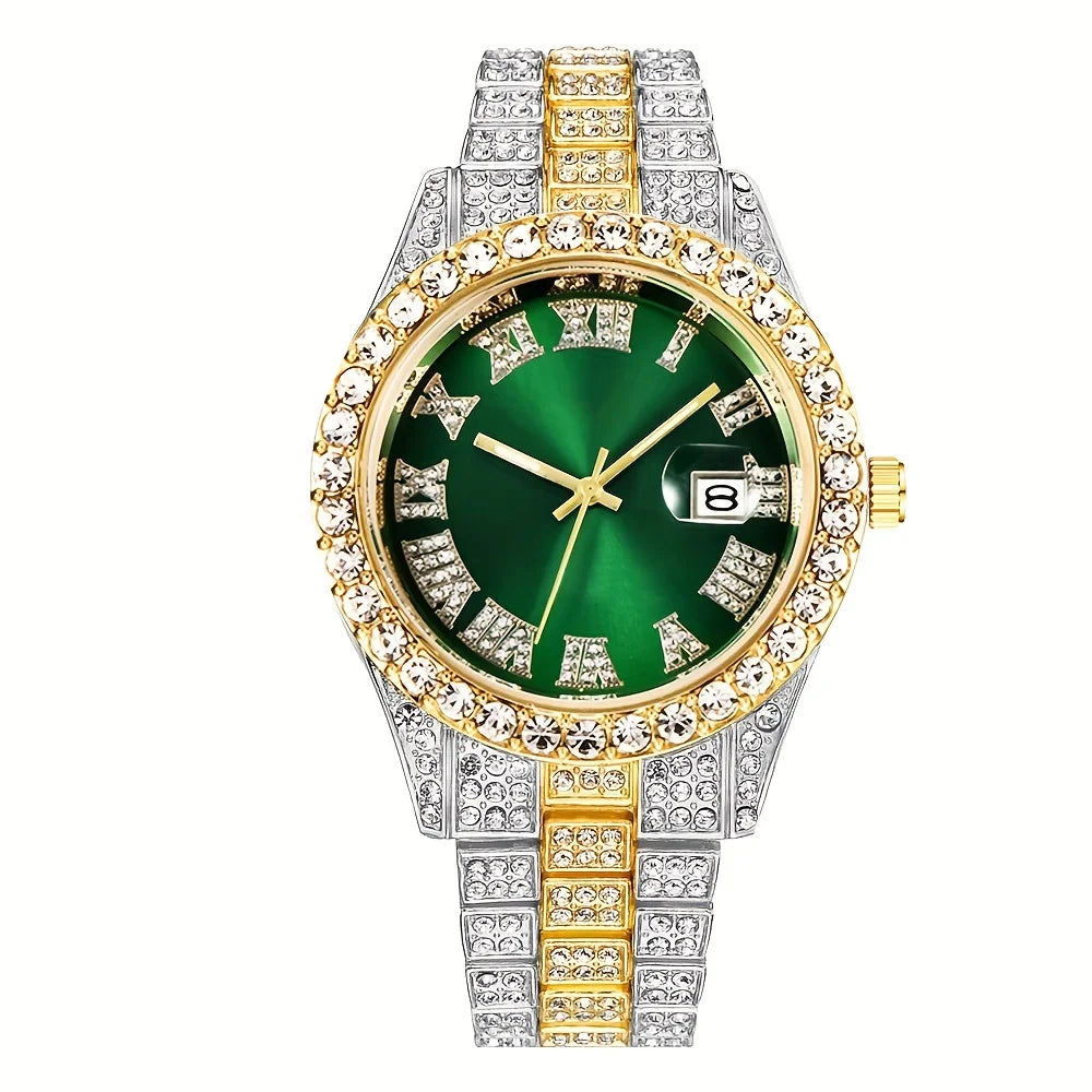 Mens Hip Hop Watch Quartz Timepiece with Oversized Rhinestone Dial and Durable Stainless Steel Band for Men