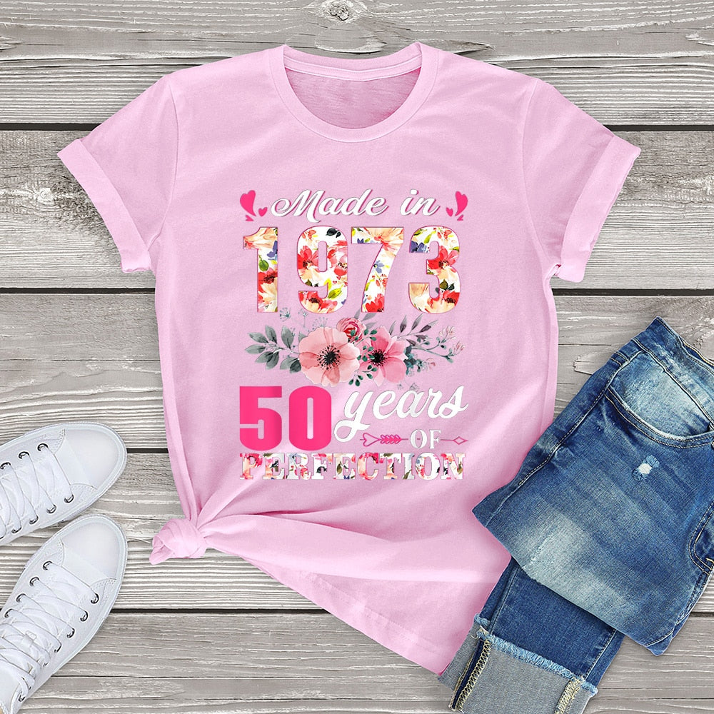 Born In 1973 Floral 50 Years Old Birthday Women T-Shirt Printed Top Unisex Casual Tee Streetwear