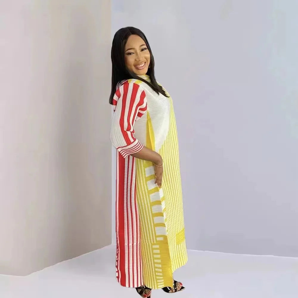 New Miyake Pleated Stripe Print Dress Fashion Relaxed Party Temperament Long Dress Spring Elegant Women's