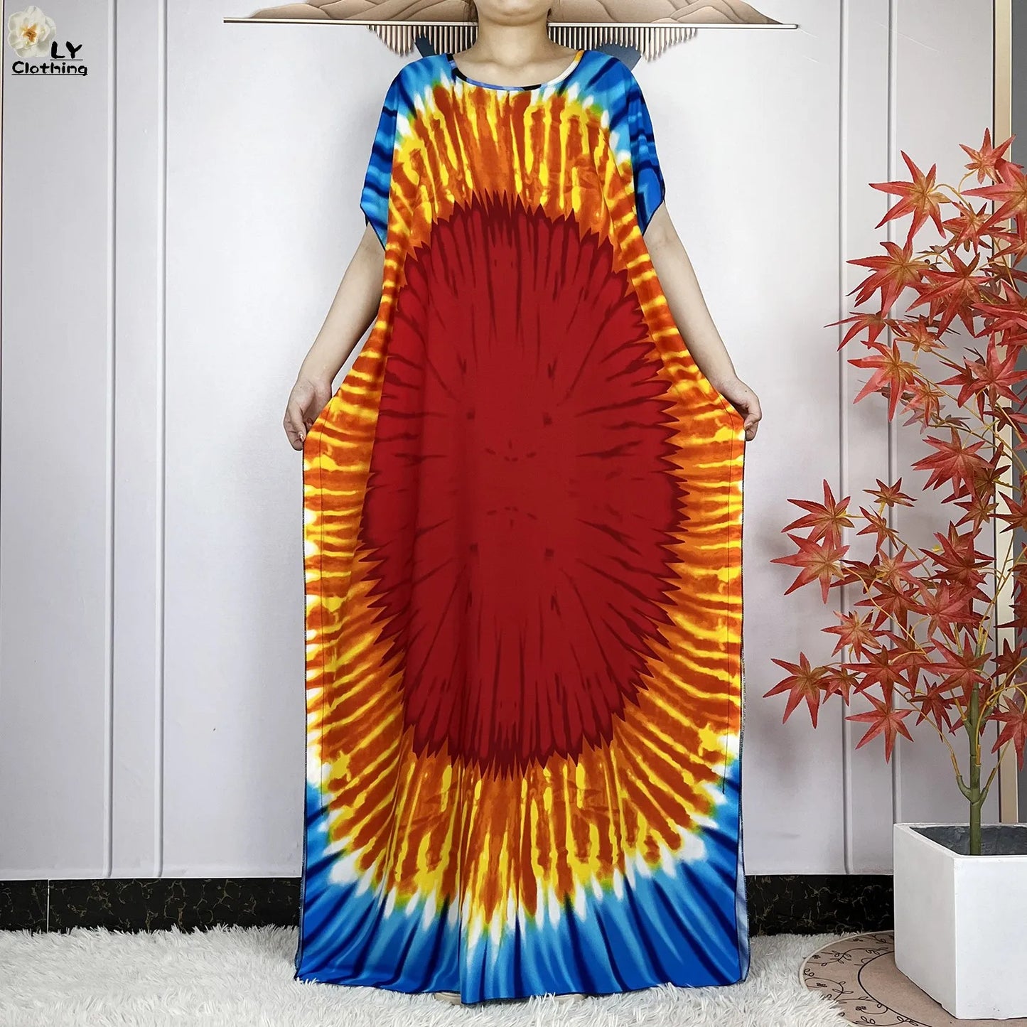 Women Short Sleeve Cotton Loose Femme Robe Dresses With Big Scarf
