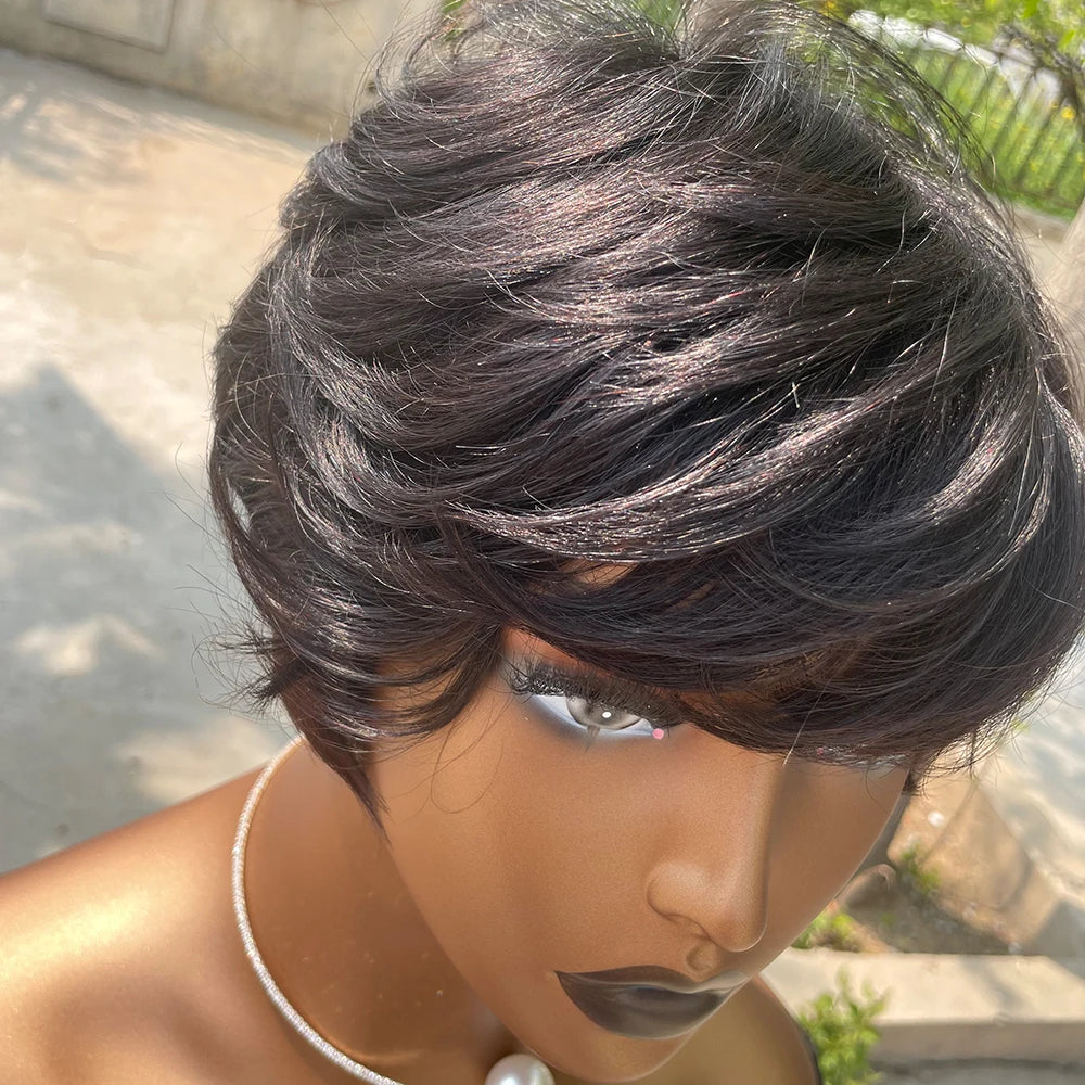 Short Pixie Cut Wig Human Hair For Black Women Machine Made Wigs With Bangs Short Wig Human Hair Wigs
