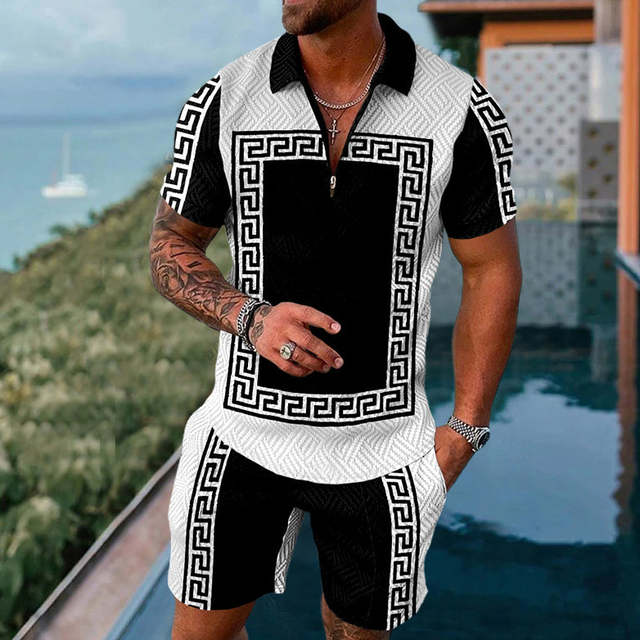 Summer Mens Polo Shirts with Short Sleeve 3D Trend Luxury Golf T Shirt Black Faashion Blouse Short Pants Tracksuit 2 Pieces Sets