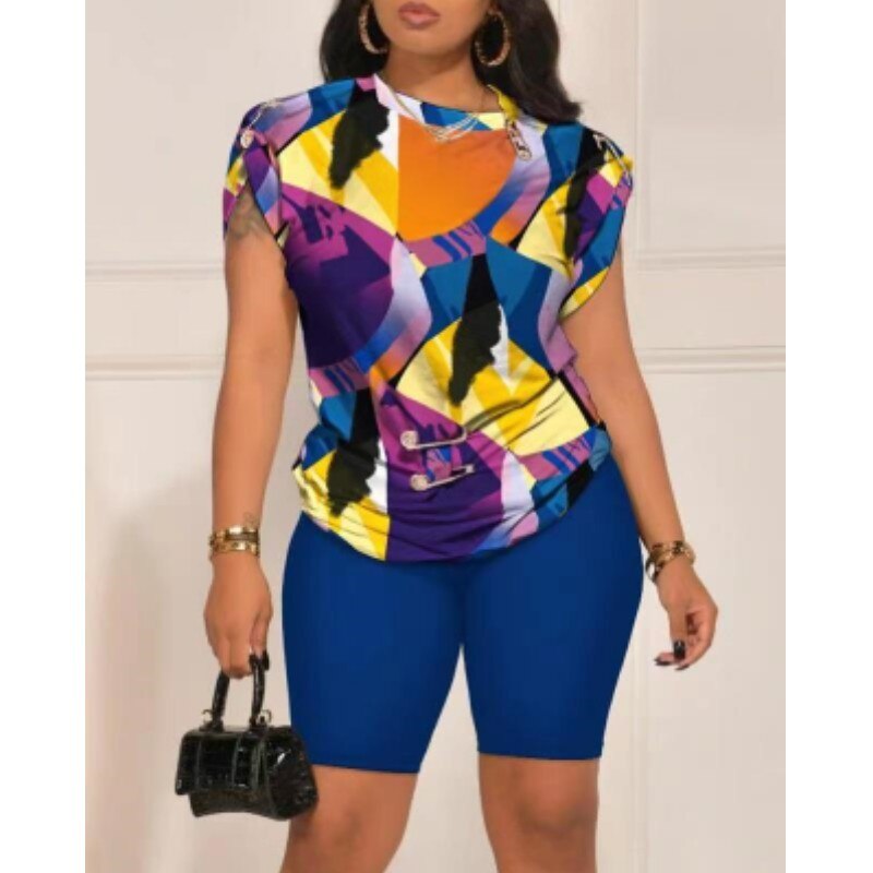 Tops Sets Casual 2-piece Summer Fashion Pin Print T-shirt Shorts