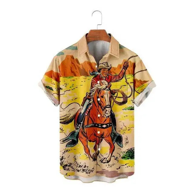 Men Vintage Ethnic Hawaiian 3D Print Short Sleeve Lapel Button Streetwear