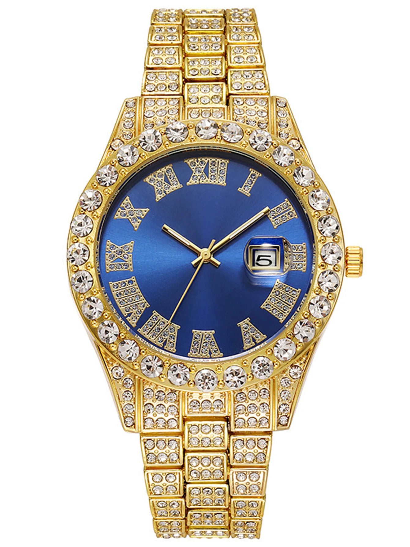 3PCS luxury alloy full diamond rhinestone mirror men's quartz watch with calendar and Hip Hop Cuban Necklace bracelet set