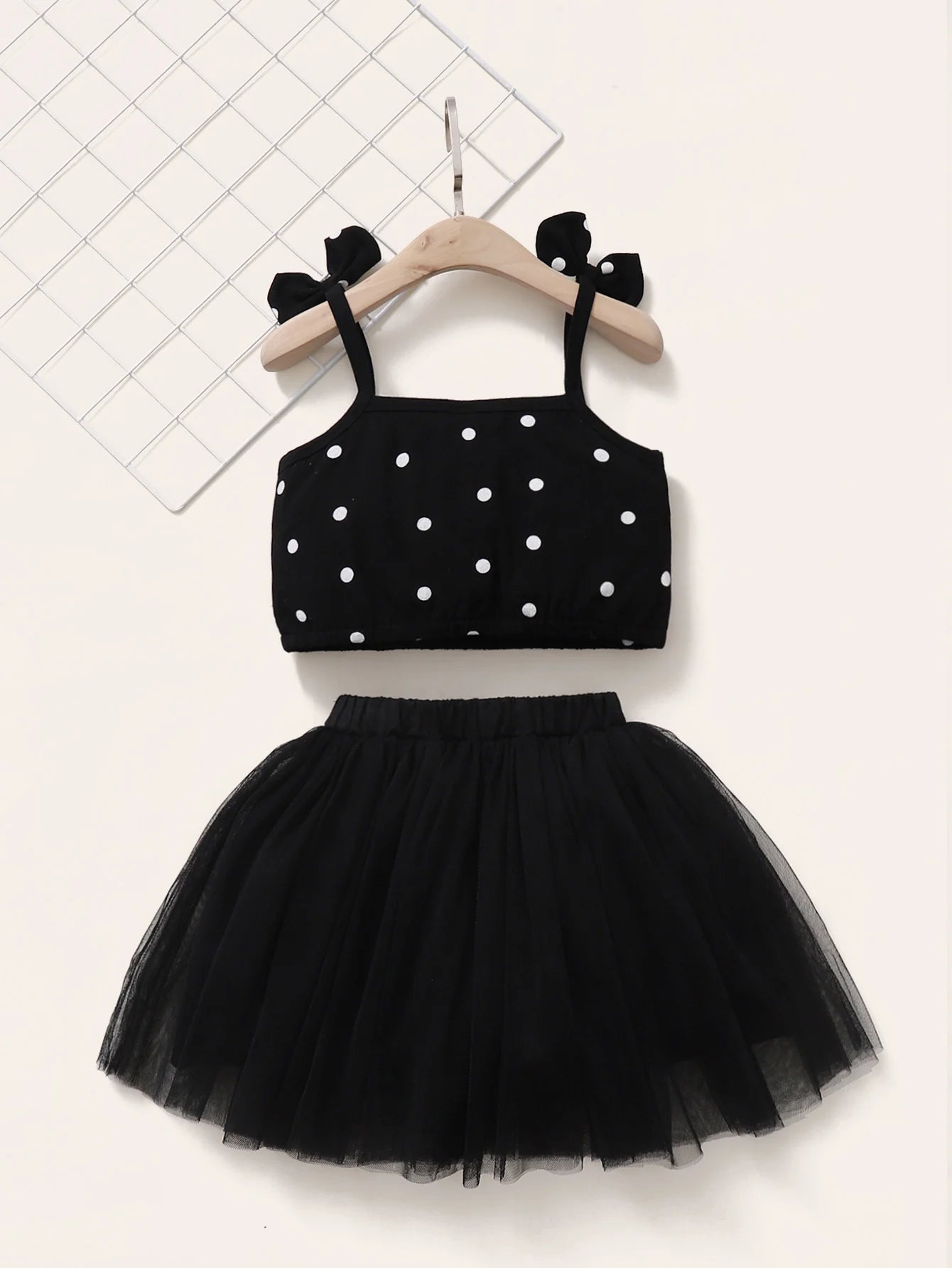 Kid Boyclothing Bow Strap Dots Tops Black Chiffon Puffy Skirt Summer Party Fashion Set Suitable for Female Babies Aged 1-6 Years