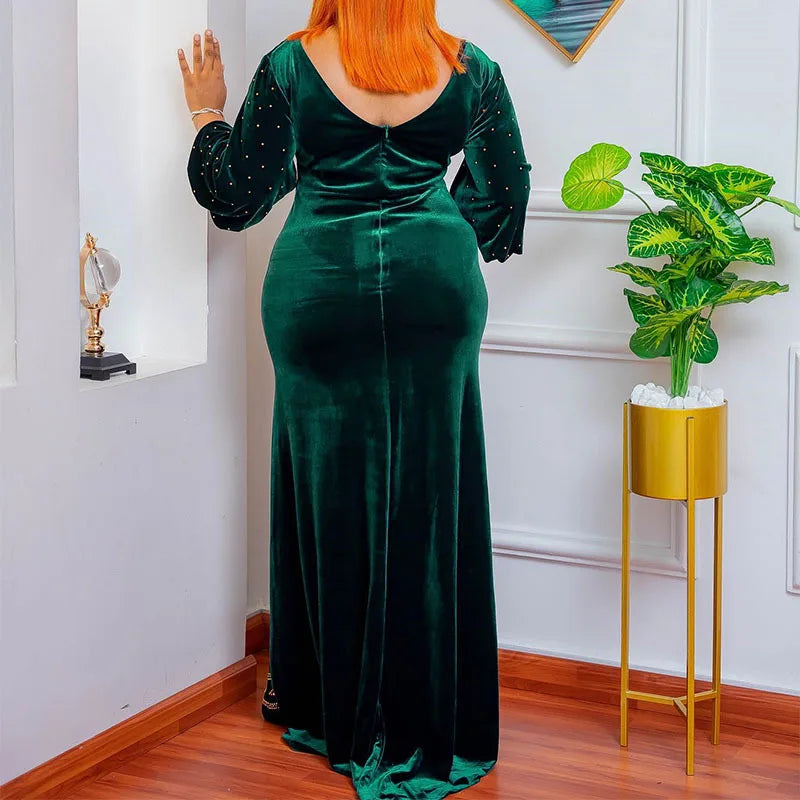 2023 Luxury Plus Size Blue African Sequins Maxi Dress for Women Elegant Lady Wedding Evening Dresses Sexy Party Bodycon Gown