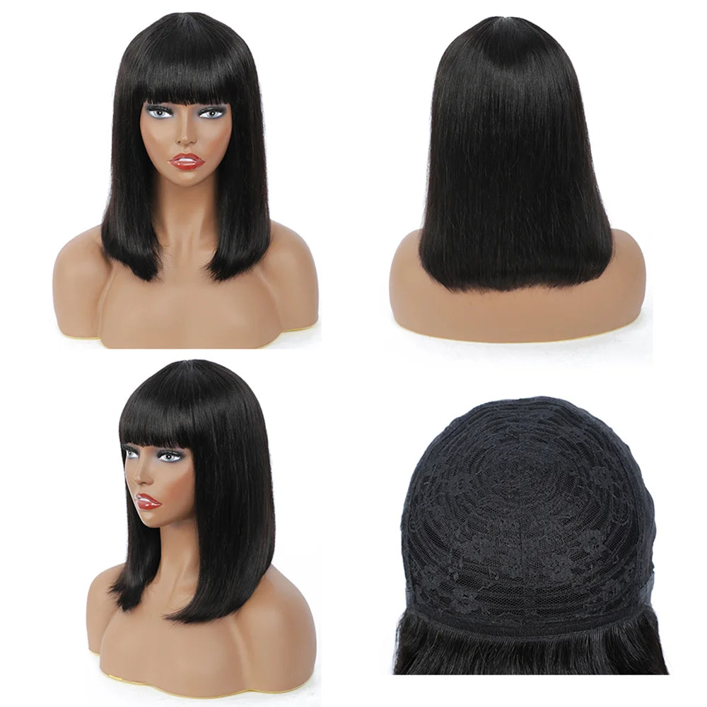 Short Bob Wig with Bangs Straight Human Hair Bob with Bangs Wig Human Hair 180% Density Straight Bang Bob Wig For Women