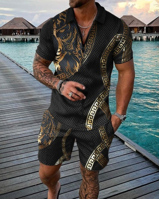 Summer Mens Polo Shirts with Short Sleeve 3D Trend Luxury Golf T Shirt Black Faashion Blouse Short Pants Tracksuit 2 Pieces Sets