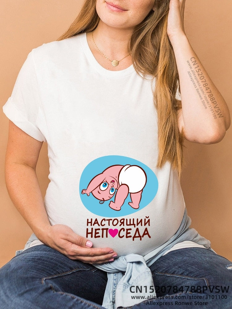 Maternity Clothes Casual Pregnancy T Shirts Baby Print Funny Women Summer Tees Tops White
