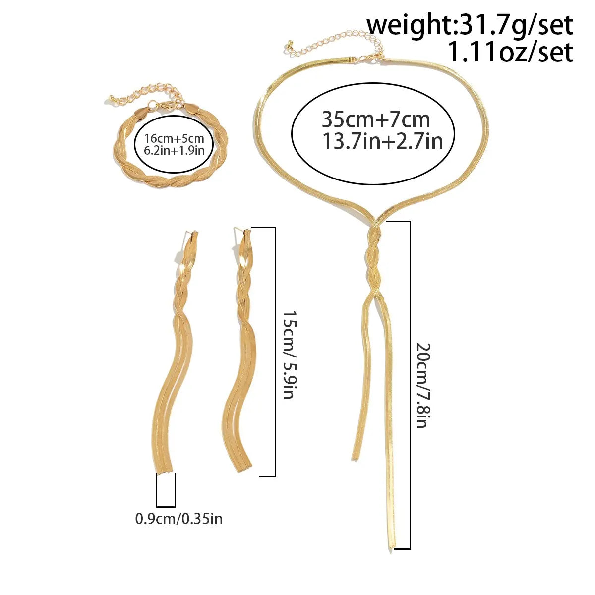 3Pcs Necklace Bracelet Earring Set Gold Tassel Chain Women Gift