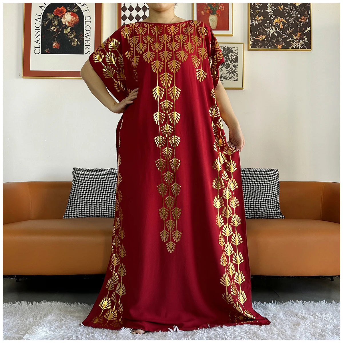 Women Dubai Stretch Print Loose Fit  Elegant Dresses Caftan Moroccan Robe With Headscarf